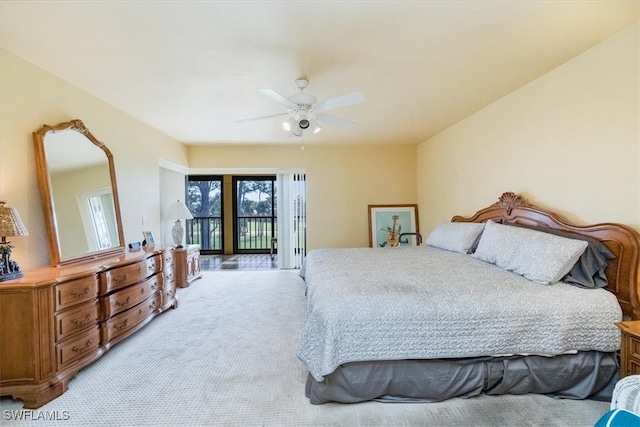 bedroom featuring ceiling fan, light carpet, and access to outside