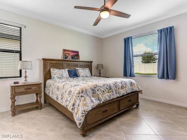 tiled bedroom featuring ornamental molding and ceiling fan