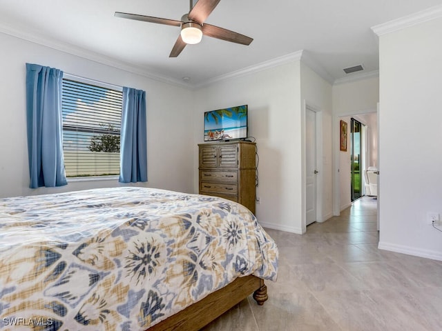 bedroom featuring crown molding and ceiling fan