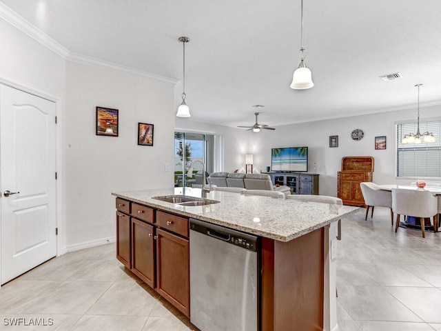 kitchen with stainless steel dishwasher, decorative light fixtures, ceiling fan with notable chandelier, and a center island with sink