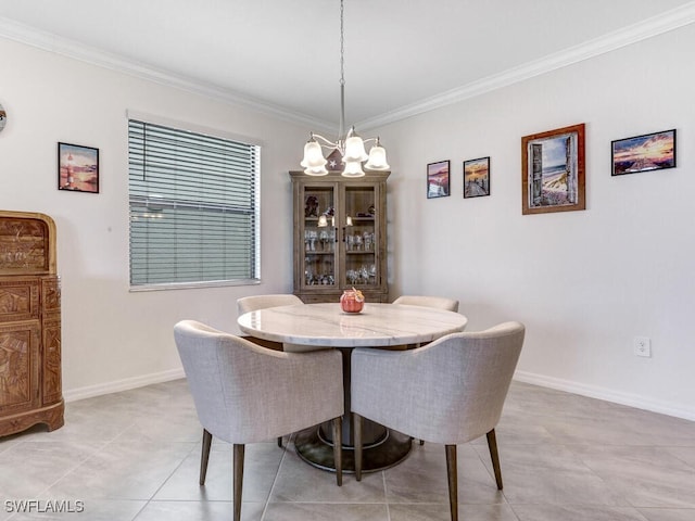 tiled dining room featuring ornamental molding and a notable chandelier