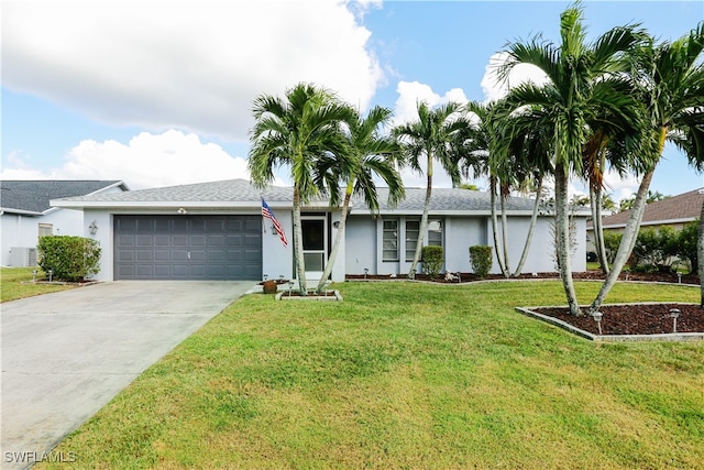 ranch-style home featuring central air condition unit, a front lawn, and a garage