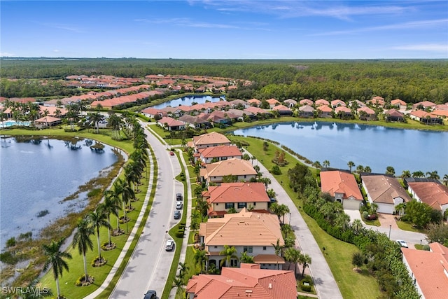 bird's eye view with a water view