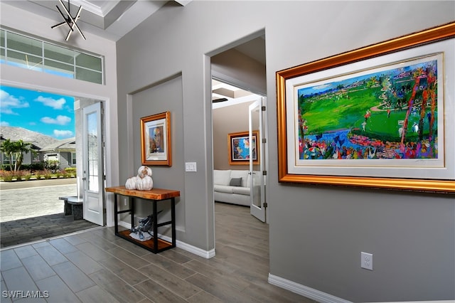 foyer entrance with a notable chandelier and dark hardwood / wood-style flooring