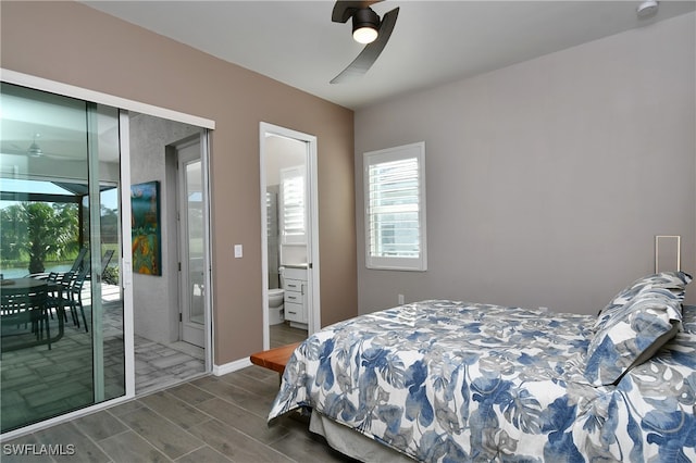 bedroom featuring ensuite bath, ceiling fan, dark hardwood / wood-style flooring, and access to exterior