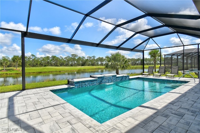 view of swimming pool with a hot tub, a water view, glass enclosure, and a patio area