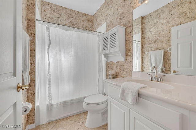 full bathroom featuring vanity, shower / tub combo with curtain, tile patterned flooring, and toilet