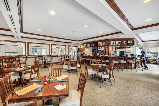 dining space featuring beam ceiling, coffered ceiling, crown molding, and light colored carpet