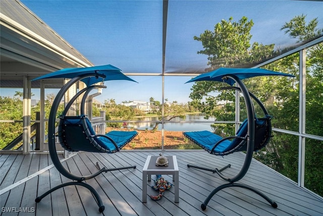 wooden terrace with a water view