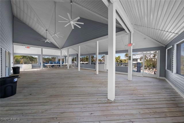 wooden terrace featuring ceiling fan