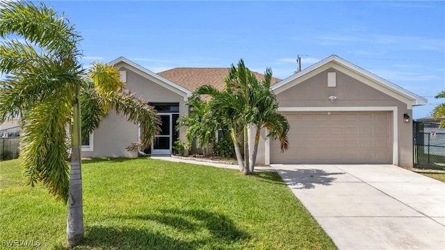 ranch-style house with a front yard and a garage