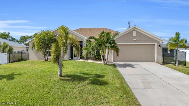 single story home featuring a front lawn and a garage