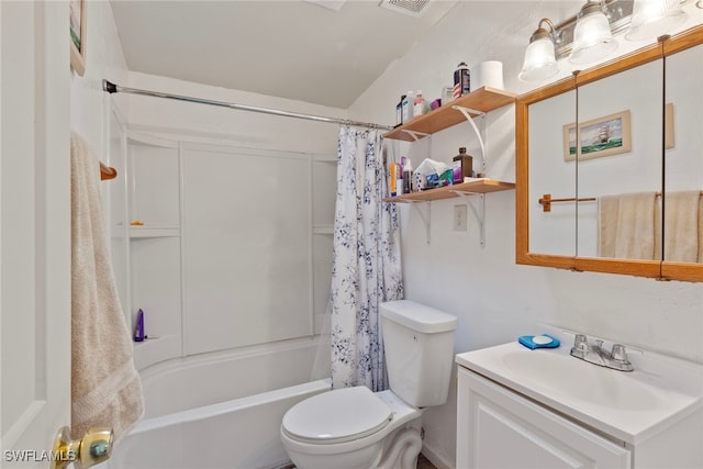 full bathroom featuring vanity, shower / bath combo, and toilet