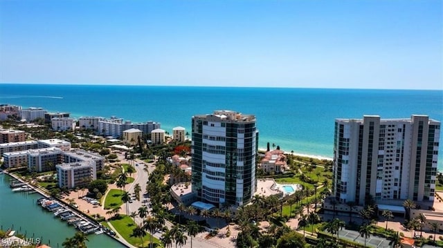 bird's eye view with a water view