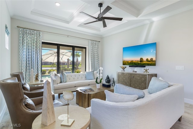 living room featuring beamed ceiling, ornamental molding, ceiling fan, coffered ceiling, and light wood-type flooring