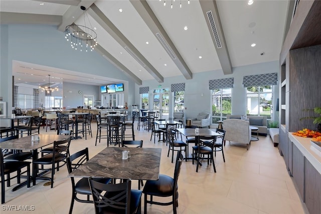 tiled dining room with high vaulted ceiling, beamed ceiling, and an inviting chandelier