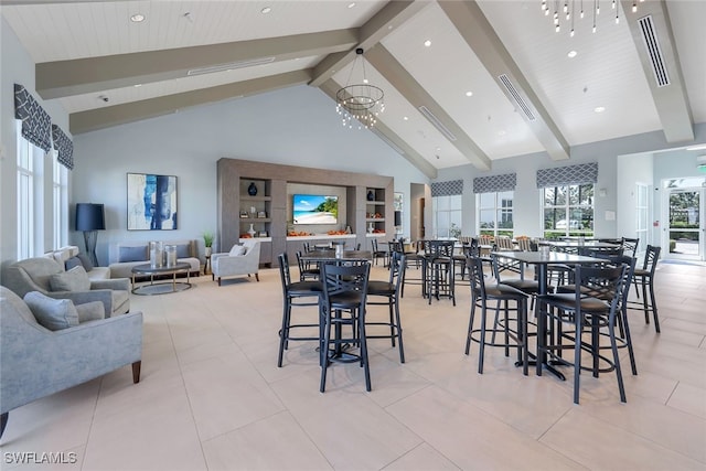 tiled dining space featuring high vaulted ceiling, an inviting chandelier, and beam ceiling