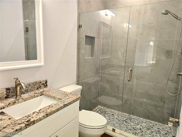 bathroom with vanity, a shower with shower door, and toilet