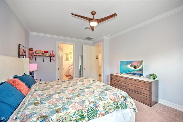 bedroom with connected bathroom, ceiling fan, ornamental molding, and light colored carpet