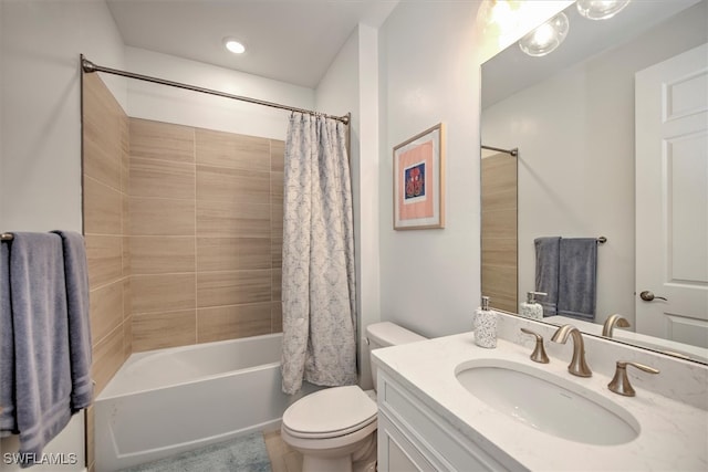 full bathroom with toilet, vanity, shower / bathtub combination with curtain, and tile patterned floors