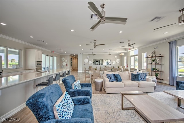 living room with crown molding, a healthy amount of sunlight, and light hardwood / wood-style flooring