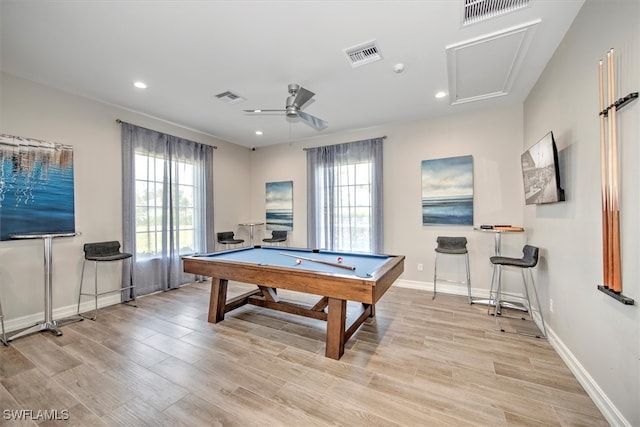 recreation room with billiards, light hardwood / wood-style flooring, and ceiling fan