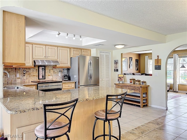 kitchen featuring sink, light brown cabinets, stainless steel appliances, light stone counters, and backsplash