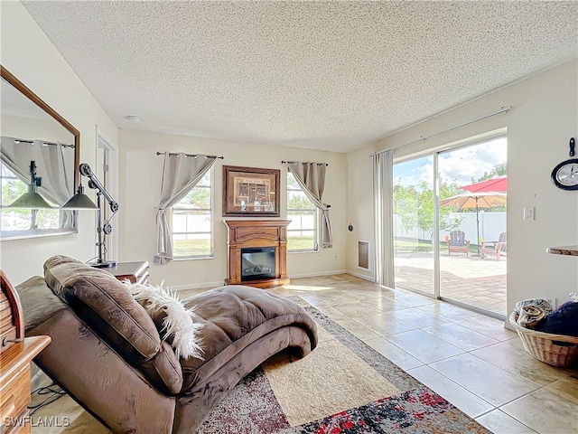 tiled living room with a textured ceiling