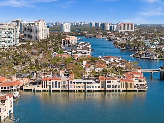 drone / aerial view featuring a water view and a view of city