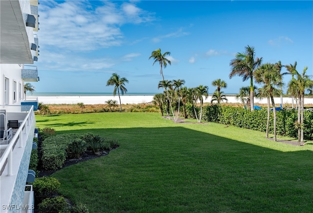 view of yard with a water view and a view of the beach