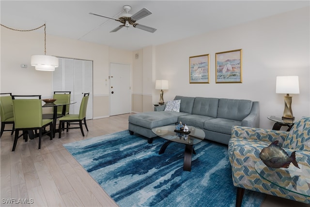 living room with ceiling fan and wood-type flooring