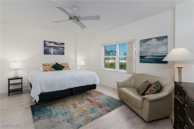 bedroom featuring ceiling fan and light wood-type flooring