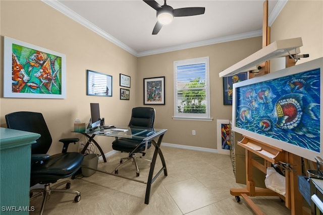 office featuring ceiling fan, light tile patterned floors, and ornamental molding