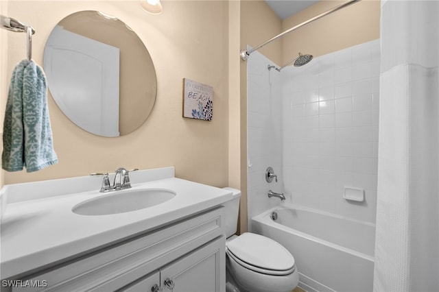 full bathroom featuring vanity, shower / bathtub combination with curtain, and toilet