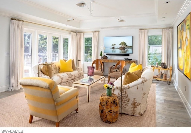 370 11th Ave S Unit 2, Naples, FL 34102 - living area featuring crown molding, a raised ceiling, healthy amount of natural light, and wood finished floors