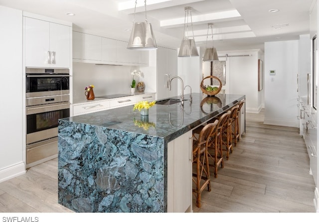 kitchen with light wood-type flooring, sink, pendant lighting, and a center island with sink