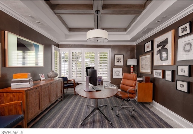 office featuring beam ceiling, ornamental molding, and coffered ceiling