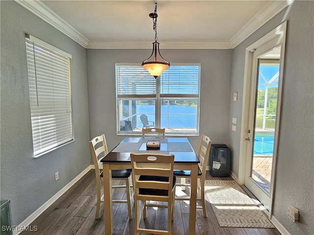 dining area featuring a healthy amount of sunlight, ornamental molding, and dark hardwood / wood-style floors