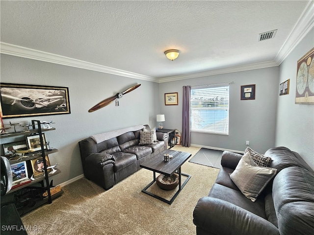 carpeted living room with ornamental molding and a textured ceiling