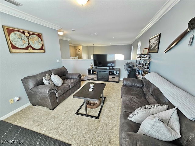 carpeted living room featuring baseboards, visible vents, and ornamental molding