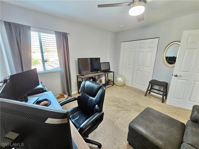 office area with carpet floors and ceiling fan