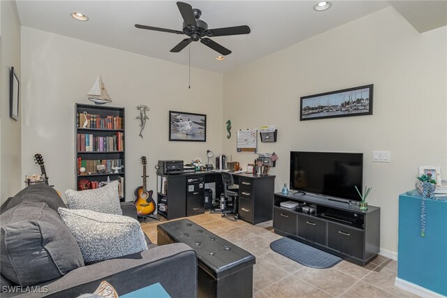 tiled living room featuring ceiling fan