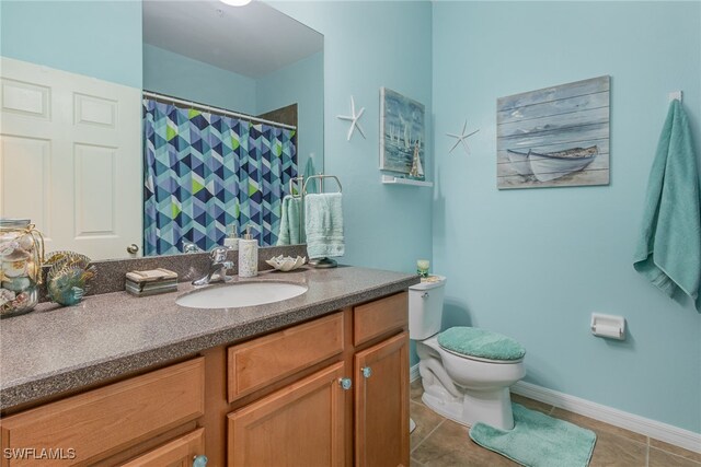 bathroom featuring toilet, vanity, and tile patterned floors