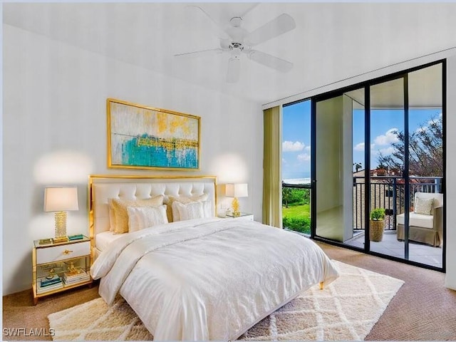 carpeted bedroom with ceiling fan and access to outside