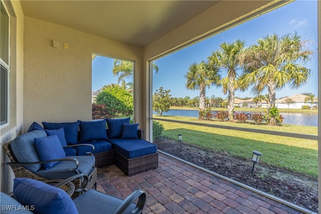 view of patio featuring a water view