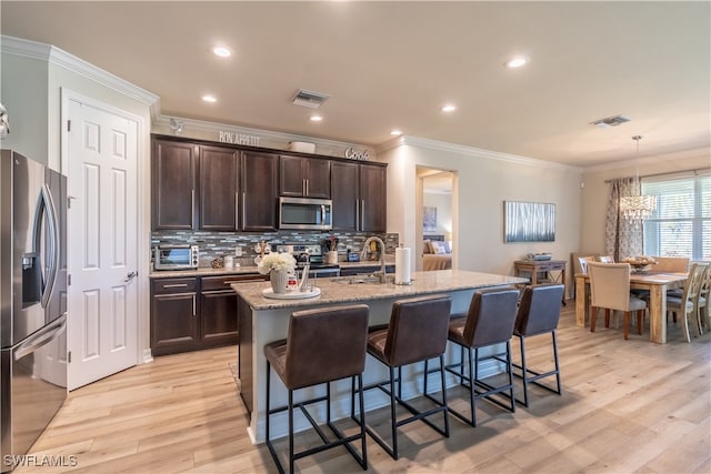 kitchen with light hardwood / wood-style floors, a kitchen island with sink, stainless steel appliances, and sink