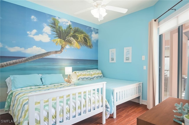 bedroom with wood-type flooring and ceiling fan