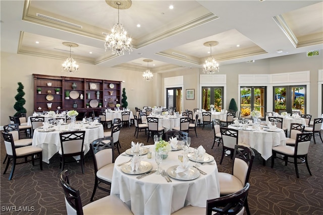 dining area with dark carpet, french doors, crown molding, and coffered ceiling