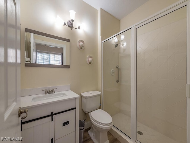 bathroom with vanity, toilet, and an enclosed shower