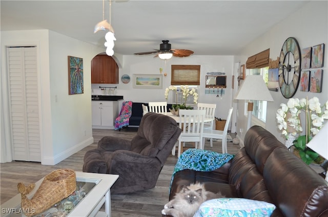 living room featuring wood-type flooring and ceiling fan